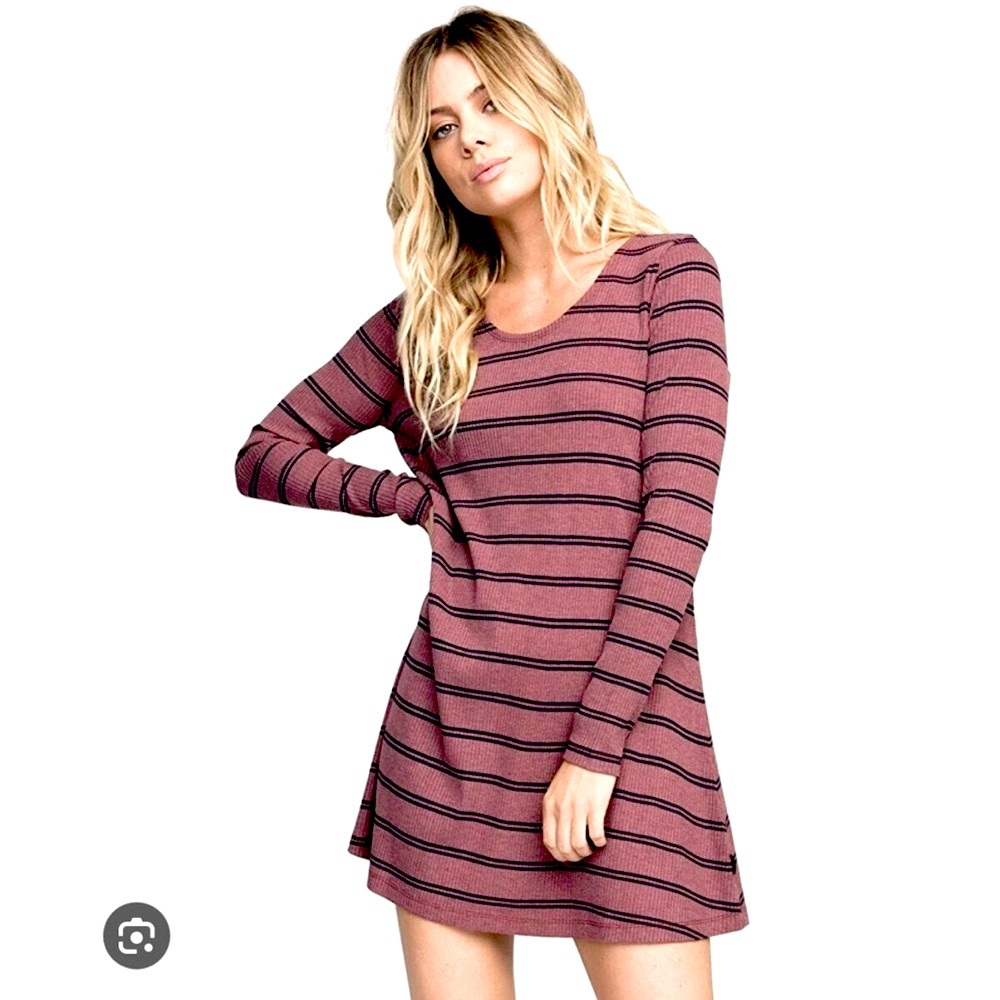 RVCA | Burgundy Navy Stripe Ribbed A-line Long Sleeve Raglan Dress Skater Grunge